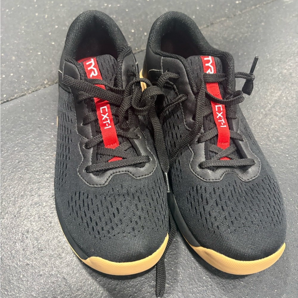 TYR women’s Black Sneakers with Red and gum Accents